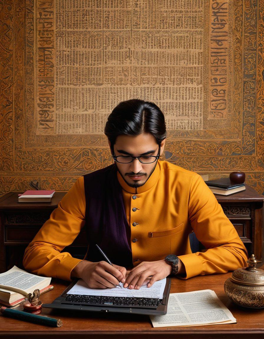 A split image showing a modern young writer typing on a laptop filled with contemporary Hindi words on one side, while on the other side, an elegant antique desk holding classic Hindi literature books, ink pots, and quills. The background should blend both traditional elements like ornate patterns and modern graphic designs, symbolizing the transition from Hinglish to Classic Hindi writing. vibrant colors. super-realistic.