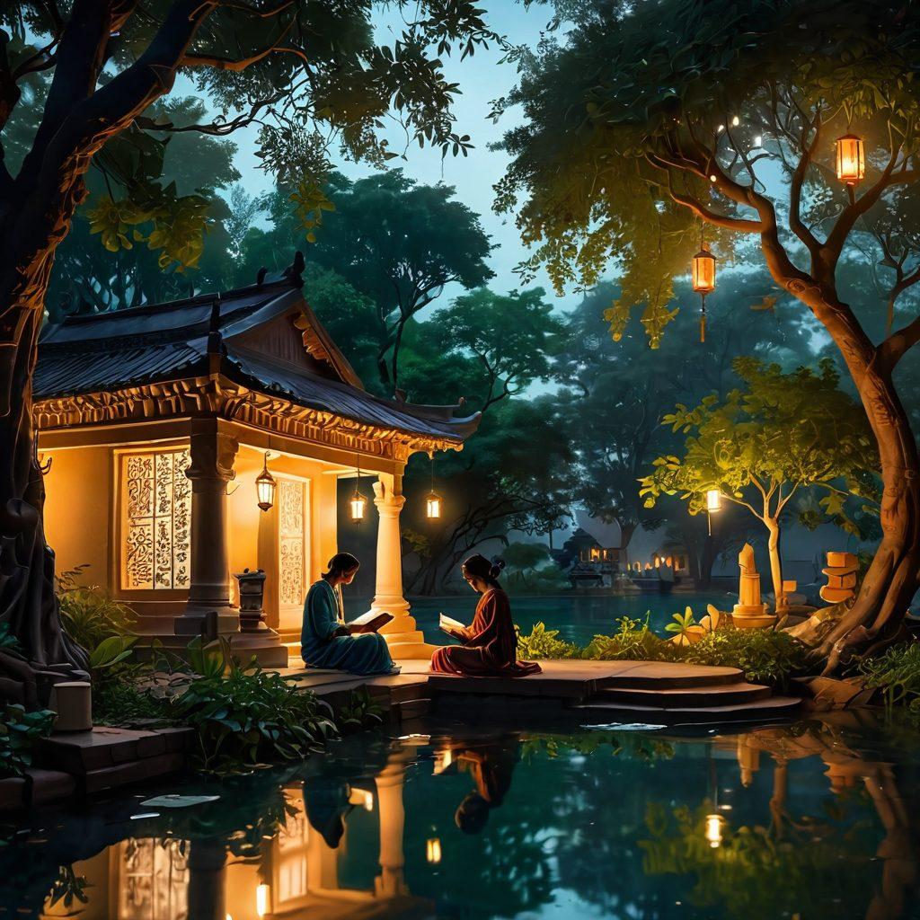 A serene landscape depicting an ancient library surrounded by lush greenery and flowing water, with books scattered around that feature Hindi literature classics. A silhouette of a person immersed in reading beside a soft glow of lanterns, symbolizing the richness of language and culture. Include intricate calligraphy elements floating in the air, representing eloquent Hindi phrases. ethereal style. vibrant colors. 3D.