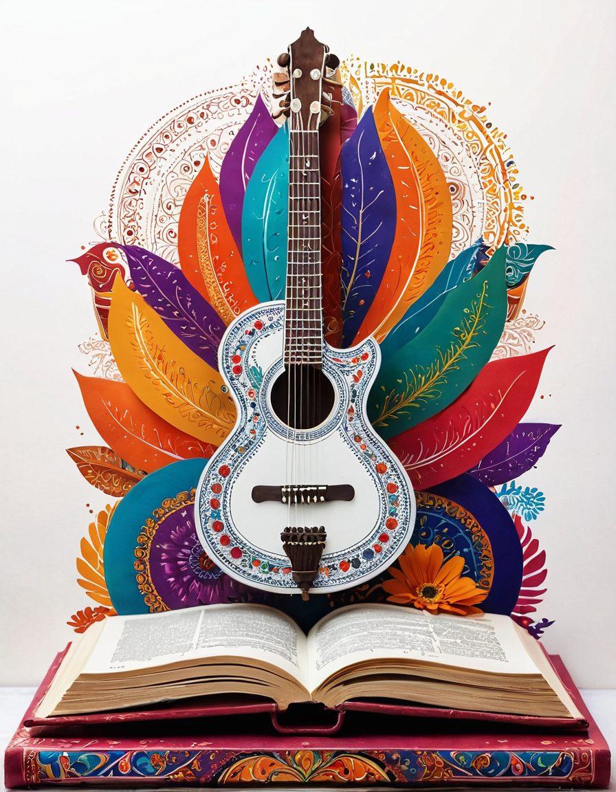 A vibrant collage depicting an open Hindi literary book surrounded by traditional Indian elements like a sitar, colorful rangoli patterns, and iconic Indian architectural silhouettes in the background. The book's pages flutter, revealing verses and poetry in elegant Hindi script, emphasizing the interconnection of language and culture. Warm, rich colors evoke a sense of heritage and emotion. super-realistic. vibrant colors. white background.